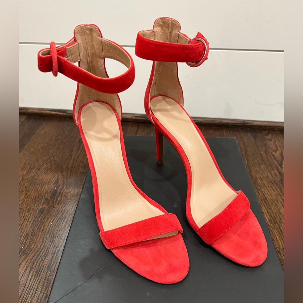 Banana Republic Suede Round Buckle Heels in Red Hot